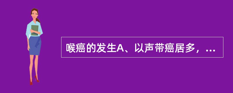 喉癌的发生A、以声带癌居多，声门上型癌次之，声门下型癌极少见B、以声带癌居多，声