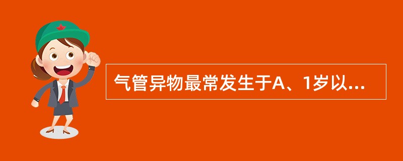 气管异物最常发生于A、1岁以下儿童B、3岁以下儿童C、5岁以下儿童D、7岁以下儿