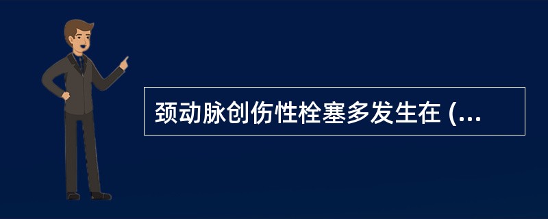 颈动脉创伤性栓塞多发生在 ( )A、颈总动脉B、颈外动脉C、颈内动脉D、上颌动脉