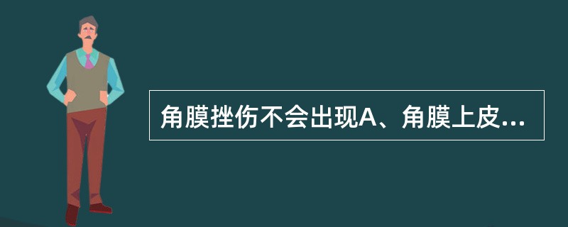 角膜挫伤不会出现A、角膜上皮缺损B、角膜基质水肿C、后弹力层皱褶D、瞳孔缩小E、