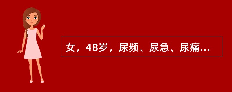 女，48岁，尿频、尿急、尿痛，伴尿后滴血4天，尿常规许多红、白细胞/HP，下列哪