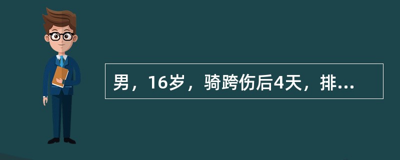 男，16岁，骑跨伤后4天，排尿困难，尿道口流血。查体：体温38.4℃，阴囊明显肿