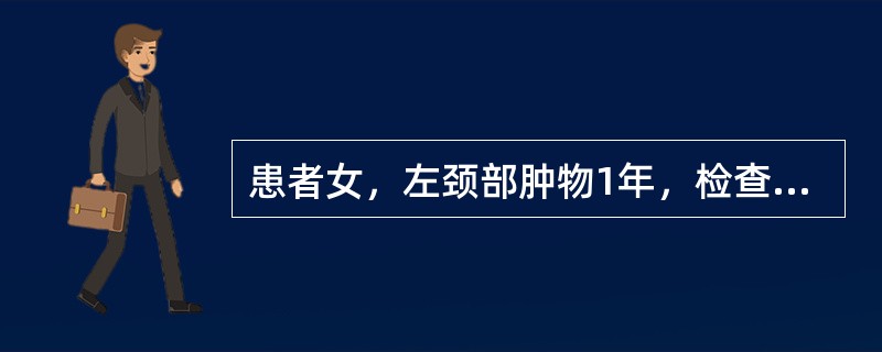 患者女，左颈部肿物1年，检查见颈部中线处一2cm×3cm大小的肿物，囊性，表面光