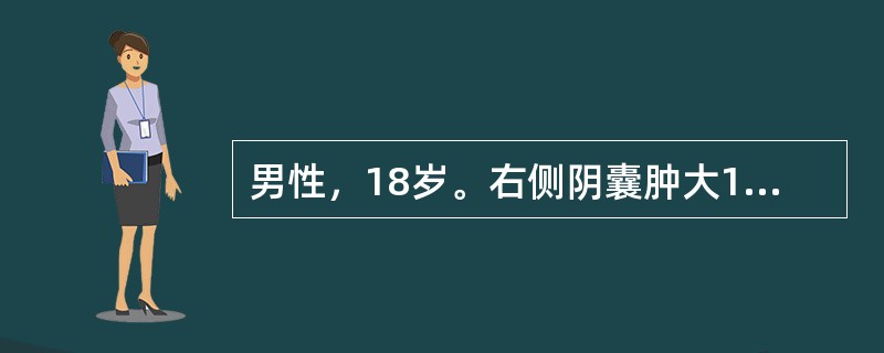 男性，18岁。右侧阴囊肿大1年，肿块大小无变化，无明显疼痛。查体：右侧阴囊肿大，