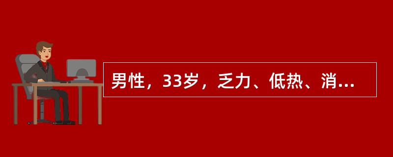 男性，33岁，乏力、低热、消瘦1年。脾脏肋下10cm，血Hb80g／L，WBC8