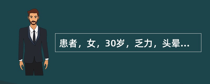 患者，女，30岁，乏力，头晕伴月经过多半年。化验：Hb60g/L，RBC3.1×