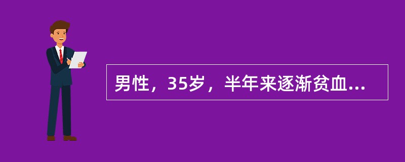 男性，35岁，半年来逐渐贫血，不发热，无出血症状，尿呈浓茶色，巩膜轻度黄疸，肝脾