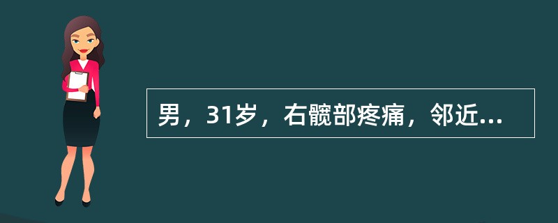 男，31岁，右髋部疼痛，邻近关节活动受限，右股骨有外伤史，结合图像，最可能的诊断