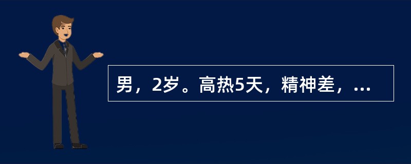 男，2岁。高热5天，精神差，频繁咳嗽，阵发性喘憋。体检：鼻翼扇动，吸气性凹陷，两