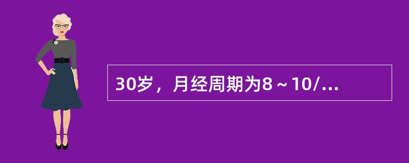 30岁，月经周期为8～10/28天，基础体温呈双相，但高温相下降迟缓，月经第5天