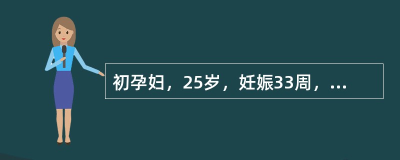 初孕妇，25岁，妊娠33周，BP150/90mmHg，尿蛋白0.5g/24h，下