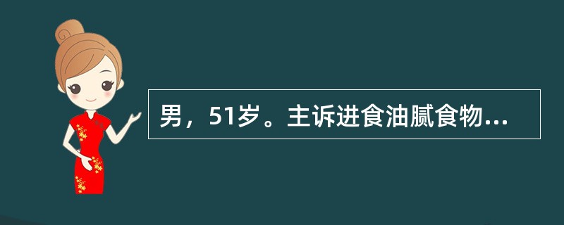 男，51岁。主诉进食油腻食物后出现右上腹绞痛，伴恶心、呕吐。体温37.7℃，B超