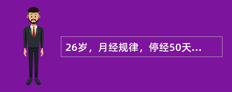 26岁，月经规律，停经50天，少量阴道出血6天，偶有腹痛。妇科检查：宫颈软，宫体