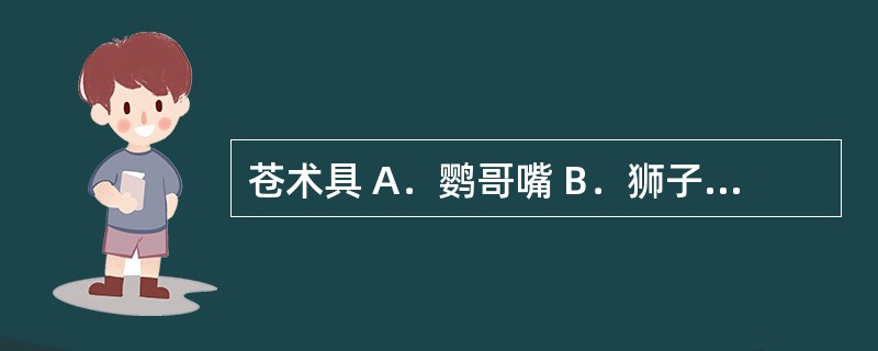 苍术具 A．鹦哥嘴 B．狮子盘头 C．朱砂点 D．怀中抱月 E．云锦花纹