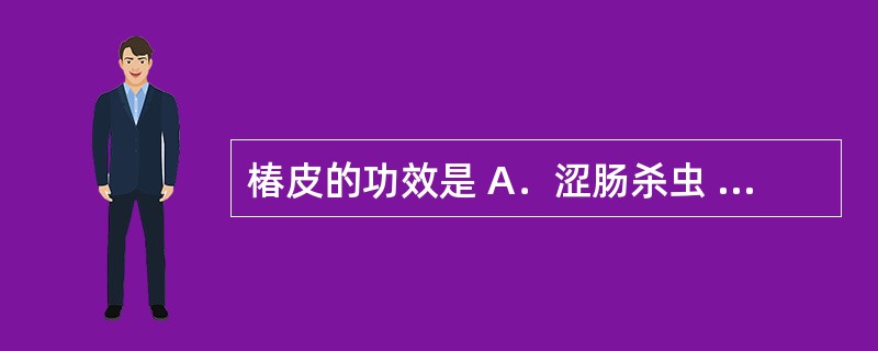 椿皮的功效是 A．涩肠杀虫 B．敛肺生津 C．固精止带 D．益肾固精 E．敛汗止