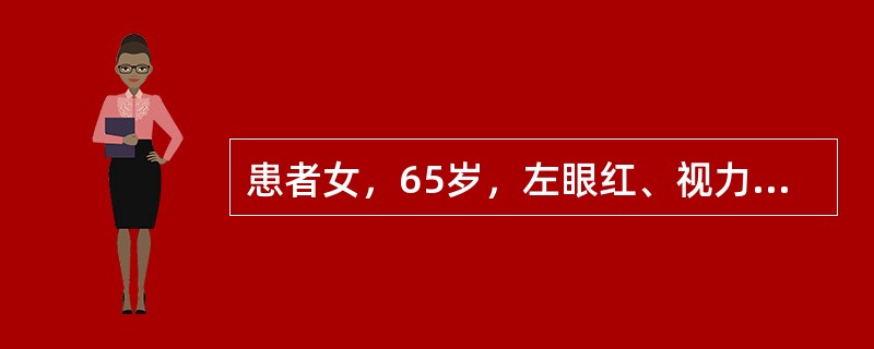 患者女，65岁，左眼红、视力下降3个月。Vod 0.8，Tod 17mmHg，右