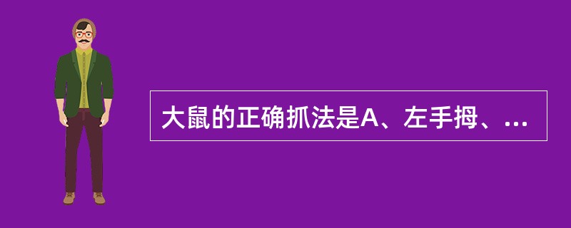 大鼠的正确抓法是A、左手拇、示指插入大鼠腋下，固定于右手掌间B、右手抓住头部，固