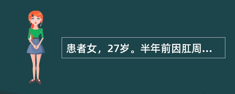 患者女，27岁。半年前因肛周皮下脓肿切开引流，之后局部皮肤反复红肿、破溃，局部有