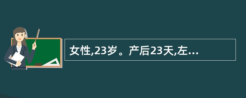 女性,23岁。产后23天,左乳房肿痛,伴发热恶寒,口干,舌红苔薄黄,脉浮数。查体