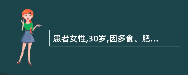 患者女性,30岁,因多食、肥胖、闭经1年来诊,体检身高160cm,体重75kg,