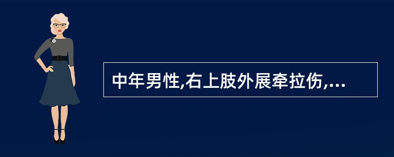 中年男性,右上肢外展牵拉伤,患肩疼痛,以健手托患侧前臂。检查患侧方肩,杜加征阳性