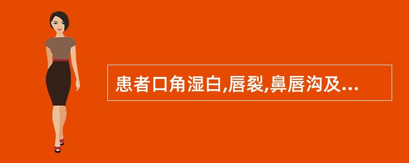 患者口角湿白,唇裂,鼻唇沟及眉间脂溢性皮炎,阴囊红肿、有渗出液,并有怕光流泪,舌