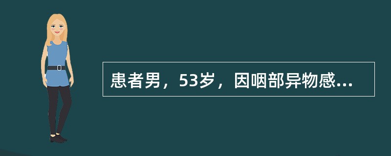 患者男，53岁，因咽部异物感、梗阻感3个月余，痰中带血2周就诊，有长期吸烟、饮酒