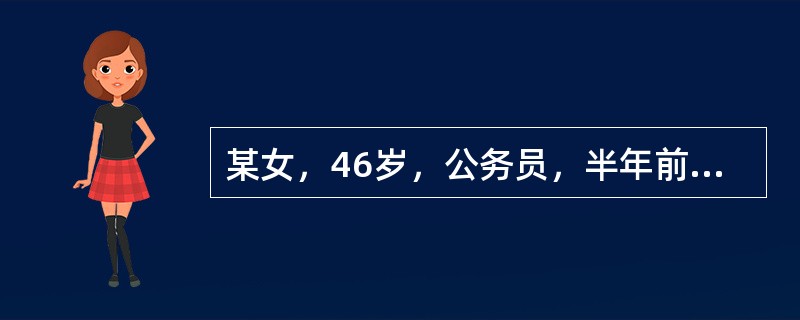 某女，46岁，公务员，半年前开始，常感头痛、头晕、耳鸣、目眩，容易激动、性情急躁