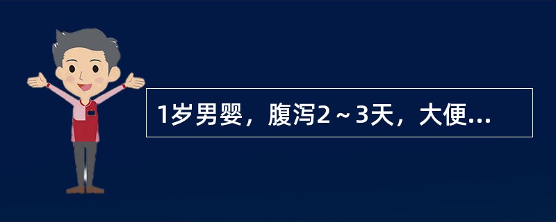 1岁男婴，腹泻2～3天，大便水样，量多，10余次／日，有呕吐，4～5次／日，12