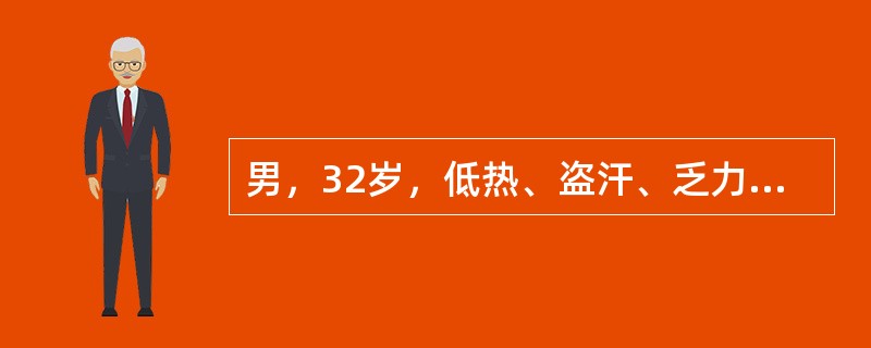 男，32岁，低热、盗汗、乏力干咳2个月，开始时右侧胸痛，体检：右下胸部叩诊实音，