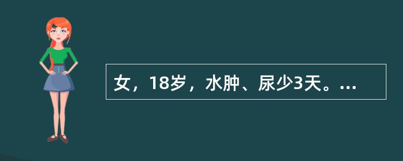 女，18岁，水肿、尿少3天。查：血压160/95mmHg，Hb120g，尿蛋白+