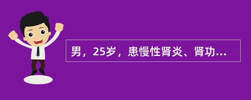 男，25岁，患慢性肾炎、肾功能衰竭，查BUN46mmol/L，血肌酐1108μm