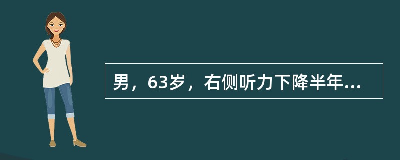 男，63岁，右侧听力下降半年，CT示右侧桥脑小脑脚区略低密度病灶，脑干轻度受压。