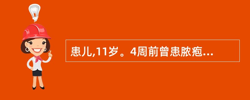 患儿,11岁。4周前曾患脓疱疹,3天来眼睑水肿,尿少。体格检查:血压150£¯1