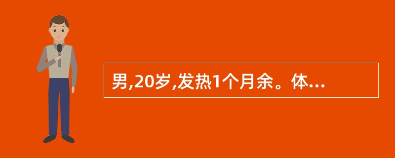 男,20岁,发热1个月余。体格检查:贫血貌,杵状指,心率100次£¯分,胸前左缘