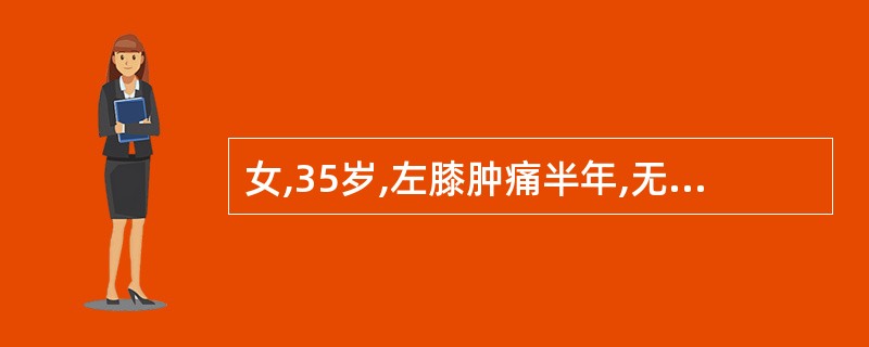 女,35岁,左膝肿痛半年,无红、热现象,X线片示左膝关节骨小梁模糊,关节间隙变窄