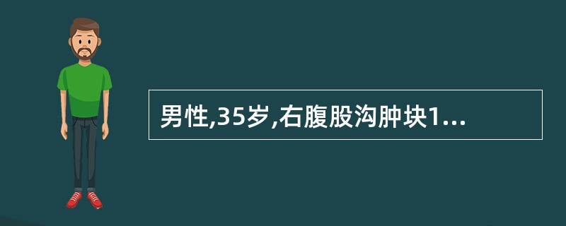 男性,35岁,右腹股沟肿块10年,站立时明显,平卧后消失,有时可降入阴囊,可还纳