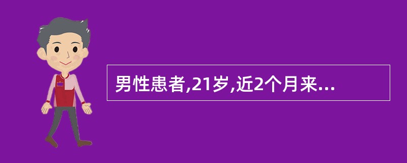 男性患者,21岁,近2个月来咳嗽,痰中带血丝,午后手心足底发热,盗汗、心悸,X线