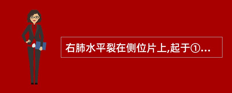 右肺水平裂在侧位片上,起于①() 的中部,向前行终止于②() 。在正位,此裂一般