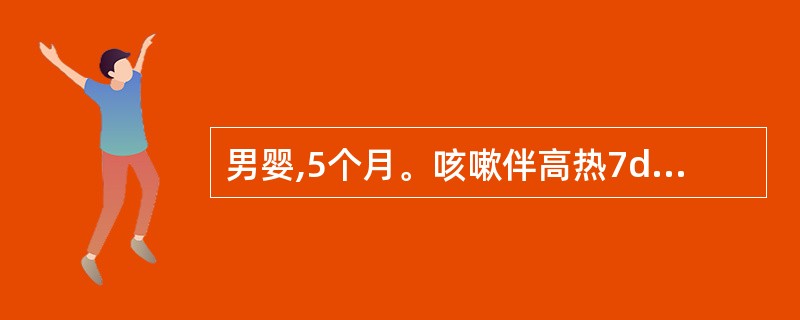 男婴,5个月。咳嗽伴高热7d。查体:体温40℃,气管右偏,呼吸78次£¯分,心率