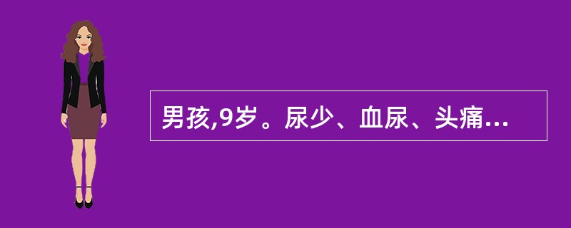 男孩,9岁。尿少、血尿、头痛2天,呕吐5次,惊厥1次。体检:血压170£¯130