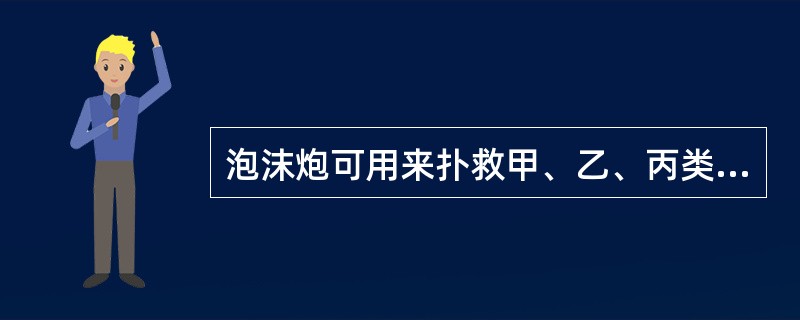 泡沫炮可用来扑救甲、乙、丙类液体火灾(B类火灾)和一般固体物质火灾(A类火灾)。