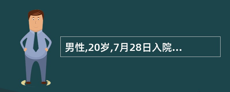 男性,20岁,7月28日入院,发热、畏寒、头痛、全身肌肉酸痛6天,尿色深黄、眼睛