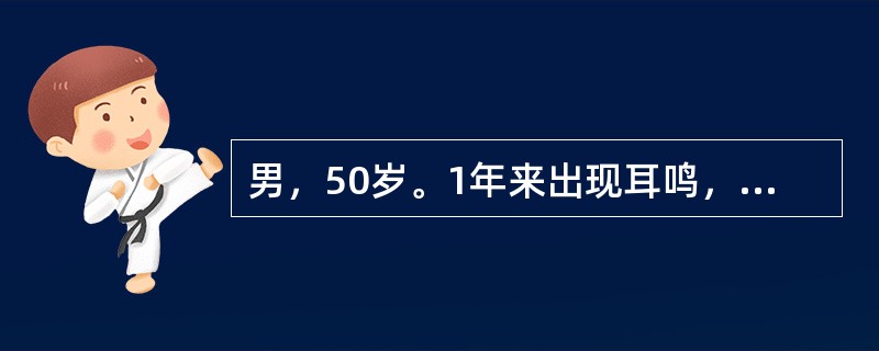 男，50岁。1年来出现耳鸣，以右侧明显，如火车轰鸣样，右视力下降。查体：右侧突眼