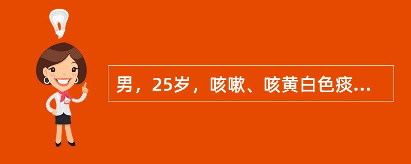 男，25岁，咳嗽、咳黄白色痰，查体：两肺底湿啰音，T385℃，P88次/分，R2