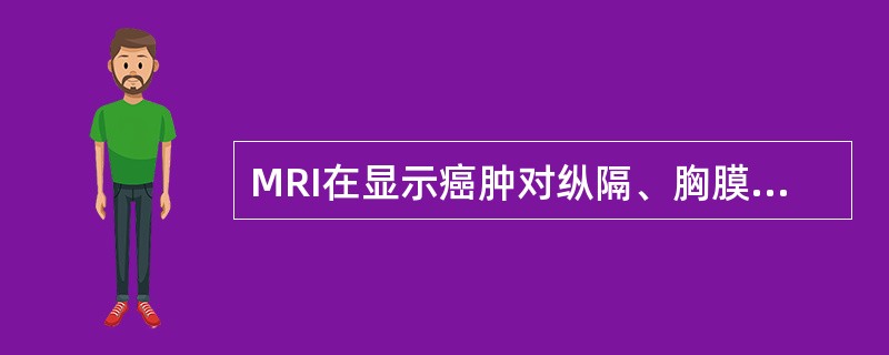 MRI在显示癌肿对纵隔、胸膜及胸壁等邻近结构的直接侵犯方面不及CT。