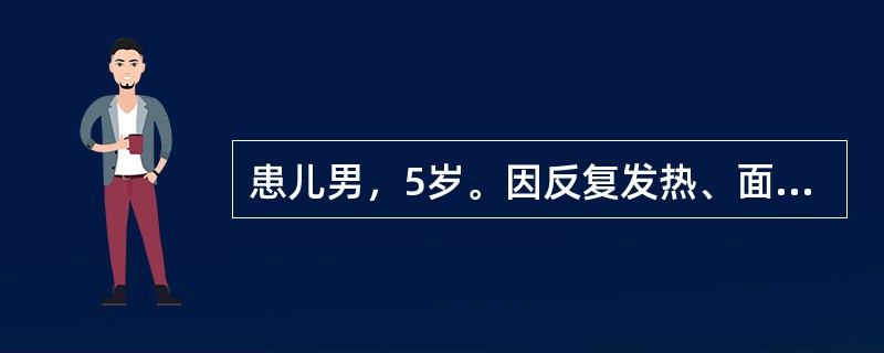 患儿男，5岁。因反复发热、面色苍白1个月，腹部胀痛1周就诊。查体：贫血貌，浅表淋