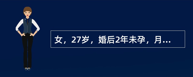 女，27岁，婚后2年未孕，月经规律，现停经41天，近1周觉乳房胀痛，尿妊娠试验阳