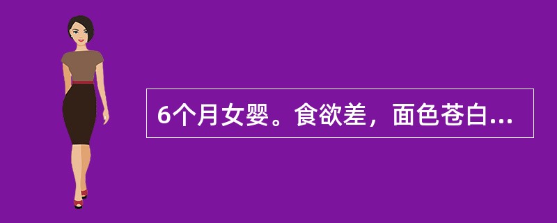6个月女婴。食欲差，面色苍白。血红蛋白84g/L，红细胞数3.5×1012／L。
