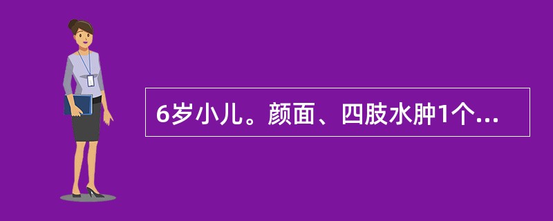 6岁小儿。颜面、四肢水肿1个月，血压130/80mmHg。查尿常规：蛋白(+++